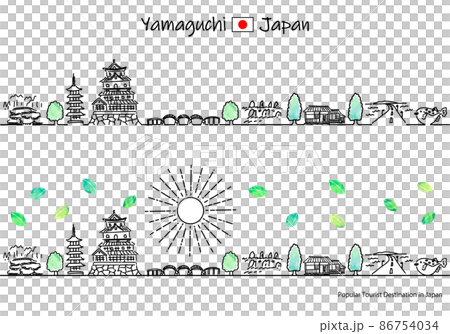 夏季山口縣觀光景點的城市景觀和陽光的簡單線條藝術集 86754034