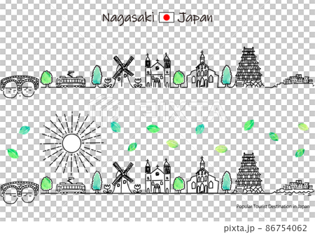 夏の長崎県の観光地の街並みと太陽のシンプル線画セット 夏の長崎県の観光地の街並みと太陽のシンプル線画セット 86754062