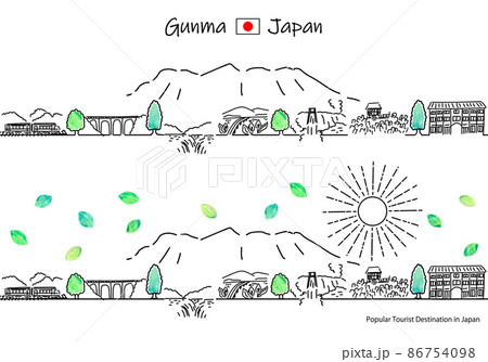 夏の群馬県の観光地の街並みと太陽のシンプル線画セット 86754098