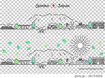夏の群馬県の観光地の街並みと太陽のシンプル線画セット 86754098