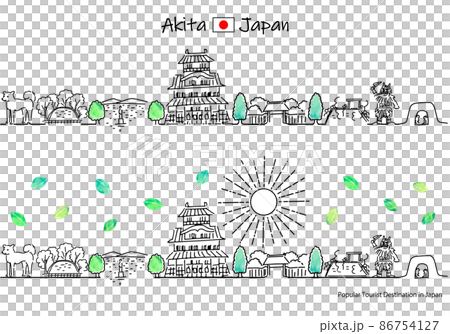 夏の秋田県の観光地の街並みと太陽のシンプル線画セット 86754127