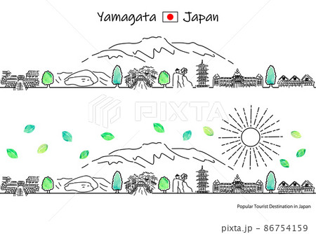 夏の山形県の観光地の街並みと太陽のシンプル線画セット 86754159