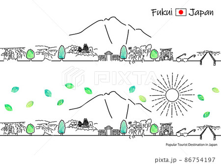 夏の福井県の観光地の街並みと太陽のシンプル線画セット 夏の福井県の観光地の街並みと太陽のシンプル線画セット 86754197