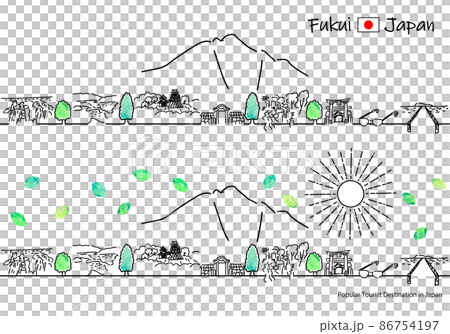 夏の福井県の観光地の街並みと太陽のシンプル線画セット 夏の福井県の観光地の街並みと太陽のシンプル線画セット 86754197