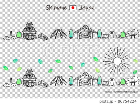 夏の島根県の観光地の街並みと太陽のシンプル線画セット 夏の島根県の観光地の街並みと太陽のシンプル線画セット 86754224