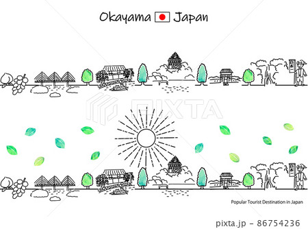 夏の岡山県の観光地の街並みと太陽のシンプル線画セット 86754236
