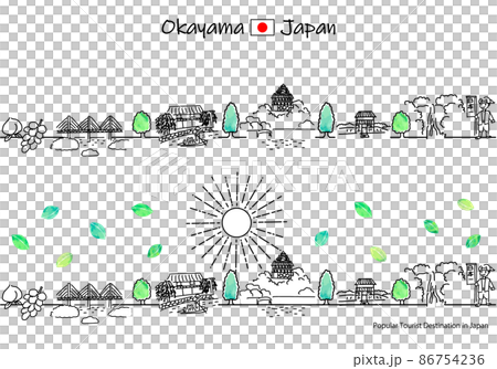 Simple line art set of the cityscape and the sun of sightseeing spots in Okayama prefecture in summer 86754236