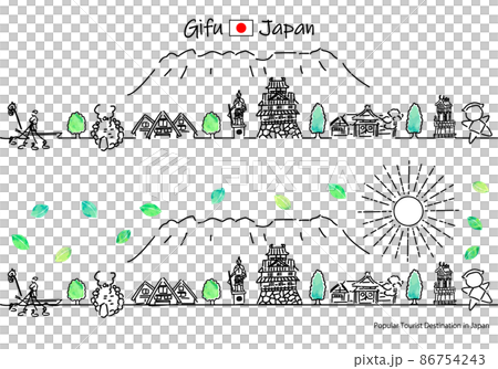 夏季岐阜縣旅遊景點的城市景觀和陽光的簡單線條藝術集 86754243