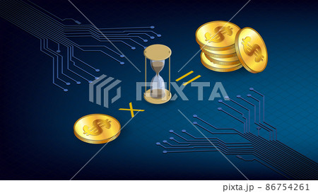 Isometric concept of earning coins during staking time with gold coins USD dollars and hourglass and PCB tracks on dark blue background. Header or banner. Isometric concept of earning coins during staking time with gold coins USD dollars and hourglass and PCB tracks on dark blue background. Header or banner. 86754261