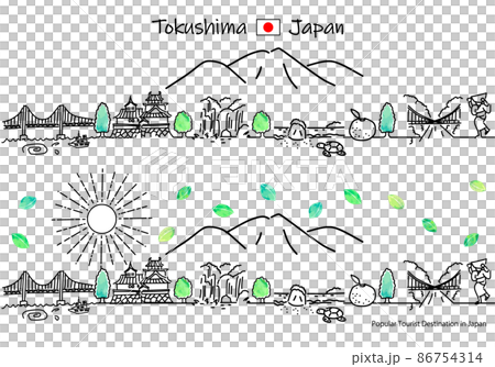 夏の徳島県の観光地の街並みと太陽のシンプル線画セット 86754314