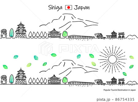 夏の滋賀県の観光地の街並みと太陽のシンプル線画セット 夏の滋賀県の観光地の街並みと太陽のシンプル線画セット 86754335