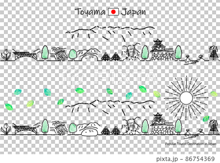 Simple line art set of the cityscape and the sun of tourist spots in Toyama prefecture in summer 86754369