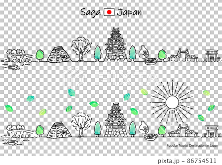 夏の佐賀県の観光地の街並みと太陽のシンプル線画セット 86754511