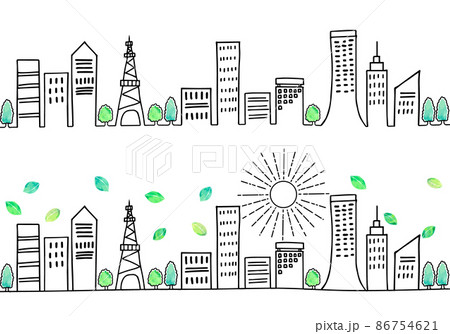 夏の手描きの街並みと太陽のシンプル線画セット 86754621