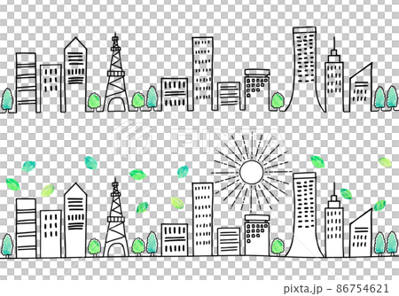 夏の手描きの街並みと太陽のシンプル線画セット 86754621