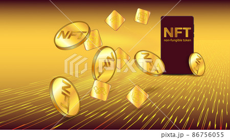 Concept of earning dollars USD on NFT non fungible token. Unique golden tokens and gold coins of US dollars fly out from cell phone on flowing digital stream. Colorful template for banner. 86756055