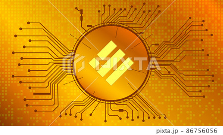 Binance USD BUSD cryptocurrency token symbol in circle with PCB tracks on gold background. Digital currency coin icon in techno style for website or banner. 86756056