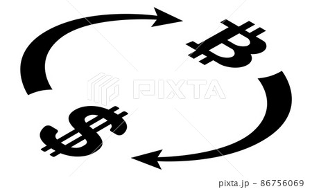 Dollar USD and Bitcoin BTC circulation isometric concept with symbols and cyclical arrows in monochrome silhouette isolated on white. Rotation of digital money. Design element. 86756069