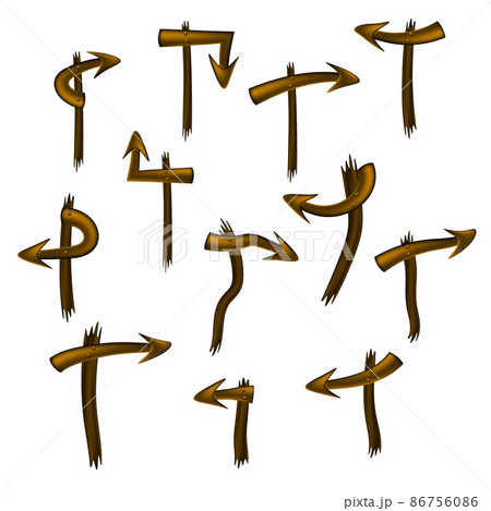 Set of brown arrows pointers on curved posts isolated on white. Post with direction pointer. Set of brown arrows pointers on curved posts isolated on white. Post with direction pointer. 86756086