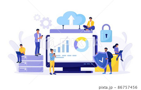 IT specialists administrate cloud service, data storage. Hosting platform. Big data processing, transferring. Online computing technology. Software solutions to share informations on digital network 86757456