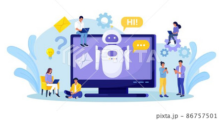 Tiny people chatting with chatbot on computer. AI robot assistant, online customer support. Chat bot virtual assistant via messaging Information engineering, artificial intelligence and FAQ concept 86757501