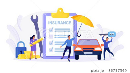Car insurance policy form with umbrella. Insurance agent or salesman providing security document. People buying auto, leasing. Protection, warranty of vehicle from accident, damage or collision Car insurance policy form with umbrella. Insurance agent or salesman providing security document. People buying auto, leasing. Protection, warranty of vehicle from accident, damage or collision 86757549