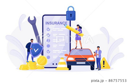 Car insurance policy form on phone screen. Insurance agent or salesman providing security document. People buying auto, leasing Protection, warranty of vehicle from accident, damage or collision Car insurance policy form on phone screen. Insurance agent or salesman providing security document. People buying auto, leasing Protection, warranty of vehicle from accident, damage or collision 86757553