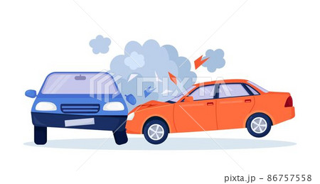 Car crash on the road. Red and blue cars are broken in the city. Road traffic accident. Smashed cars on highway. Collision of vehicles. Automobiles damaged 86757558