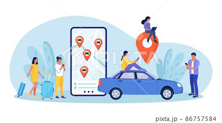Person use autonomous online car sharing service. Man near smartphone screen with route and points location of car on city map. Online ordering taxi, rent auto. Group of people sharing auto 86757584