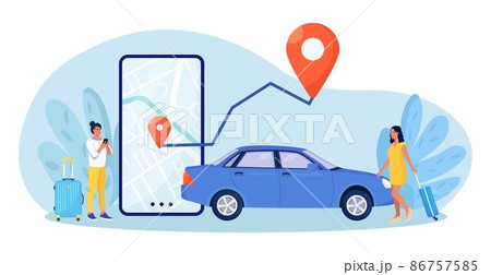 Online car rent. People using mobile application for ordering taxi cab or car sharing. Woman near smartphone screen with route and location mark on a city map 86757585