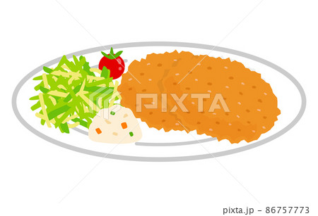 皿に乗ったコロッケと副菜のポテトサラダやトマト 千切りキャベツのベクターイラスト素材のイラスト素材