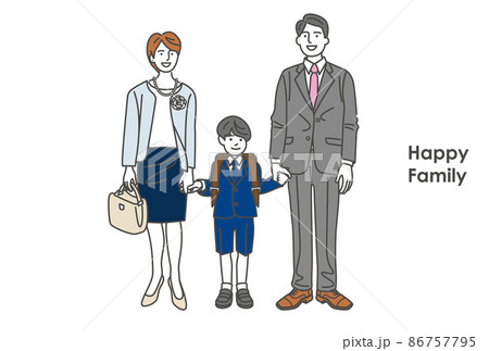 小学校の入学式の息子と親子3人の記念写真風のイラスト 86757795