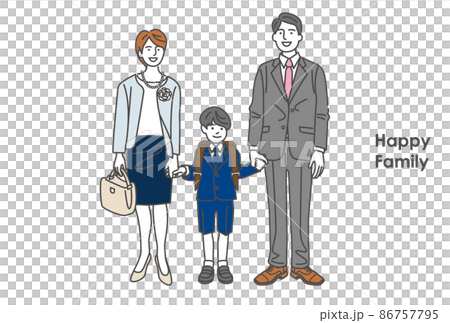 小学校の入学式の息子と親子3人の記念写真風のイラスト 86757795