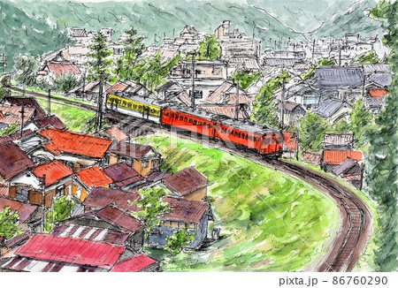 田舎の町並みの中を走る列車 86760290