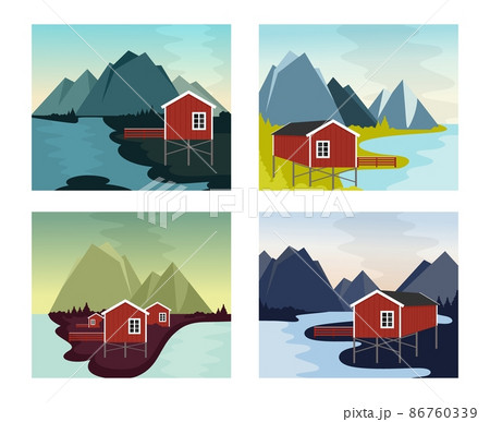 Village in the mountains landscape of the northern mountain valley with red houses. Rest in a mountain village on the shore of a lake and a river. Vector illustration in a flat style. Village in the mountains landscape of the northern mountain valley with red houses. Rest in a mountain village on the shore of a lake and a river. Vector illustration in a flat style. 86760339