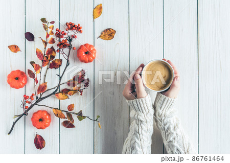 Woman with cup of coffee, leaves, small pumpkins and rowan on white retro wood boards. background. Autumn, fall concept. Flat lay, top view. 86761464