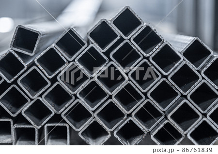 Steel tube, square high carbon metal tube for construction site. Metallurgy background 86761839