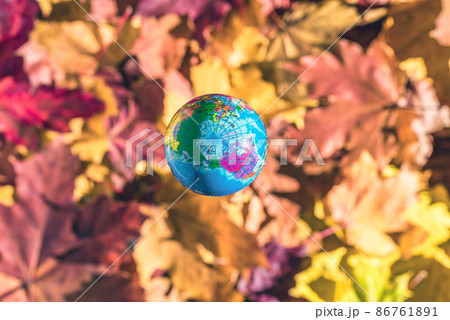 Close up of a small toy globe (Earth) rotation over colorful autumn maple leaves in the forest. Concept. Selective focus. Close up of a small toy globe (Earth) rotation over colorful autumn maple leaves in the forest. Concept. Selective focus. 86761891