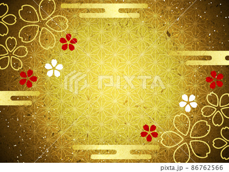 桜と雲の黄金麻の葉模様背景タテ 86762566