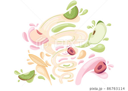 Making fruit fresh smoothie, preparation healthy organic food. Kiwi, peach, cherry, apple and mango juice in a flat cartoon style. Vector illustration. Vector illustration 86763114