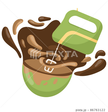 Chocolate cream is whipped with an electric mixer in a green plate, splashes of chocolate, illustration in a flat style. Vector illustration Chocolate cream is whipped with an electric mixer in a green plate, splashes of chocolate, illustration in a flat style. Vector illustration 86763122