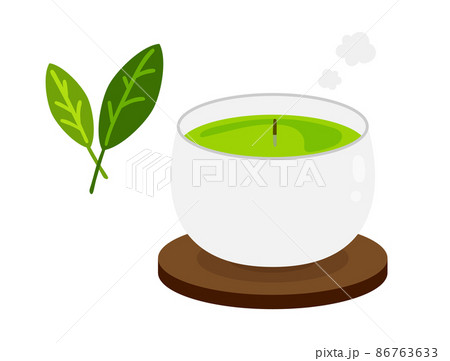 茶柱が立った緑茶と お茶の葉のベクターイラストのイラスト素材