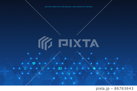 Vector illustration of healthcare and technology concept with flat icons and symbols. Template design for health care business, innovation medicine, pharmaceutical industry, science, medical research. Vector illustration of healthcare and technology concept with flat icons and symbols. Template design for health care business, innovation medicine, pharmaceutical industry, science, medical research. 86763643