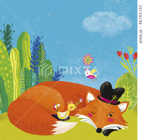 Illustration of Mr. Fox Sleeping, Summer, Spring. postcard, Scandinavian style 86765192