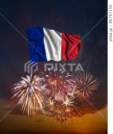 Holiday fireworks and flag of France 86767156