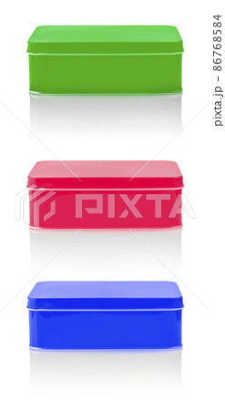 Closed Empty colored metal box close-up isolated on white background 86768584
