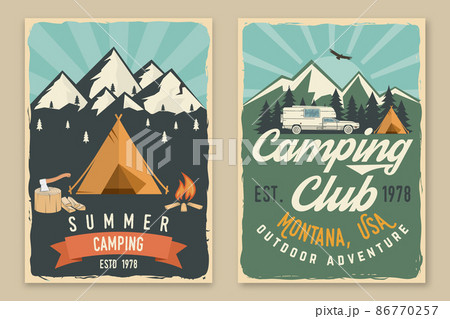 Set of camping retro posters. Vector illustration. Concept for shirt or logo, print, stamp, patch or tee. Vintage typography design with camping tent, trailer, forest and mountain silhouette. Set of camping retro posters. Vector illustration. Concept for shirt or logo, print, stamp, patch or tee. Vintage typography design with camping tent, trailer, forest and mountain silhouette. 86770257