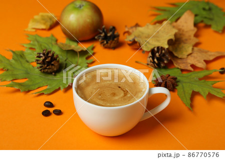 Cozy autumn concept background with coffee drink Cozy autumn concept background with coffee drink 86770576