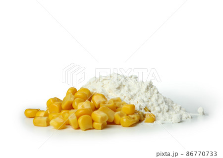 Corn seeds and flour isolated on white background 86770733
