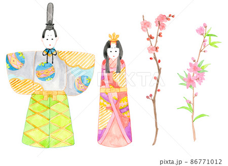 立ち雛と桃の花、梅の花の水彩イラストセット 86771012